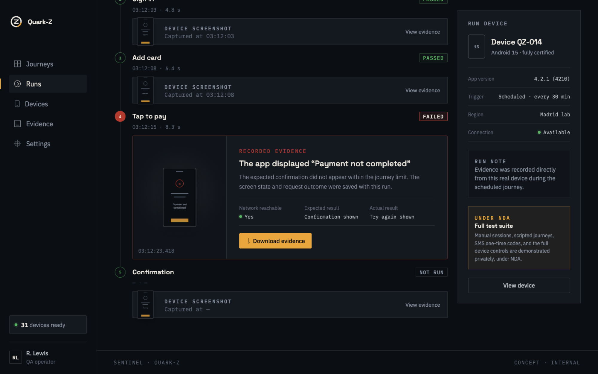 Concept preview of a run detail in Sentinel: the failed tap-to-pay step with recorded evidence showing what the app displayed, alongside the real device that ran the journey.