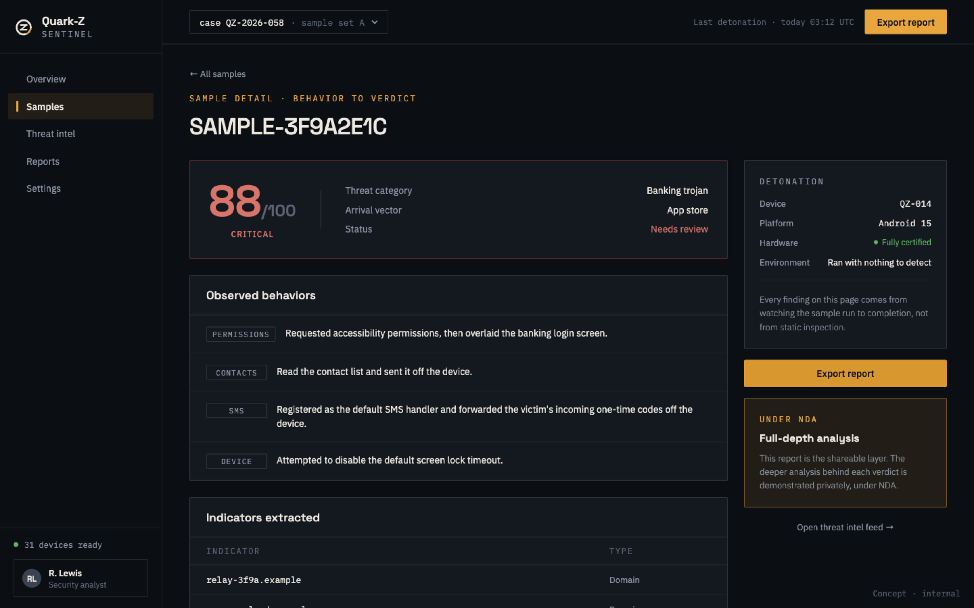 Concept preview of a Sentinel sample detail: a critical banking-trojan detonated on a real, fully certified device, its observed behaviors turned into a verdict and reduced to indicators, with full-depth analysis available under NDA.